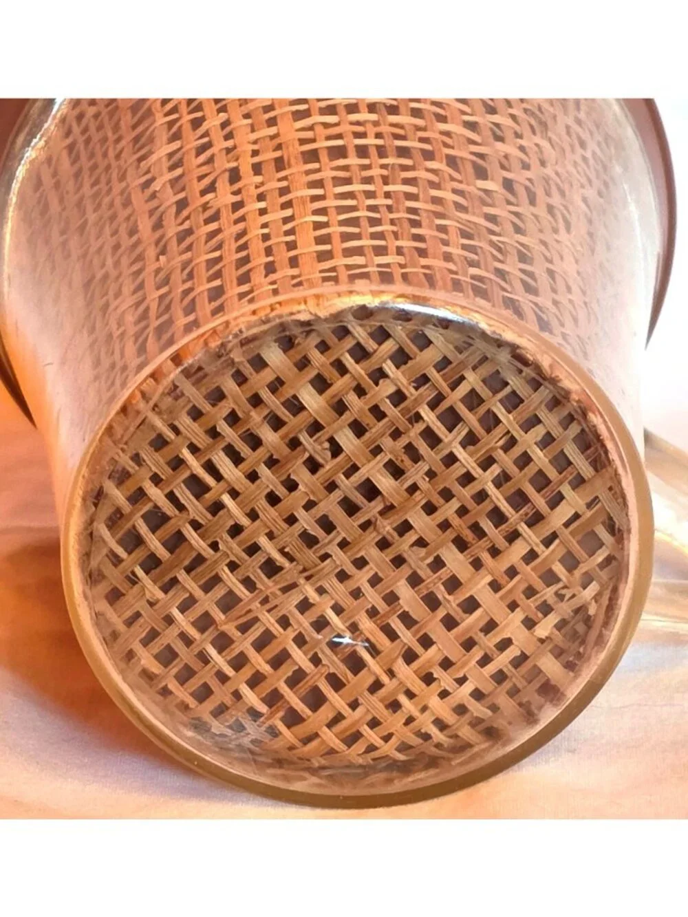 Raffia Ware 7 flared Coffee Cups burlap woven straw pastel mugs Vintage MCM tiki